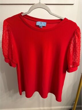 CeCe Red Top with Sheer Textured Puff Sleeves Size L